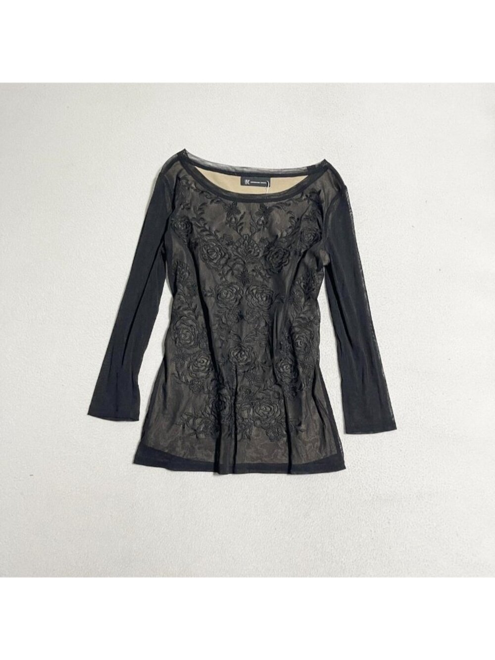 Black stretchy mesh fairy top with floral embroidery